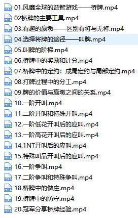 桥牌打法基础入门讲课视频教程-桥牌叫牌和工具教学视频（20讲）